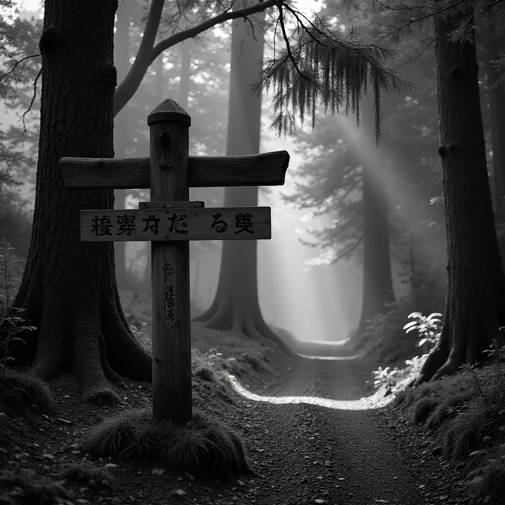 Monochrome Signpost in a Kyoto Forest