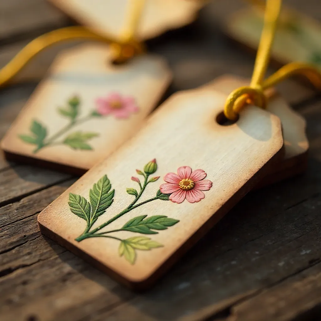 Floral Patterned Wooden Tags on Rustic Surface