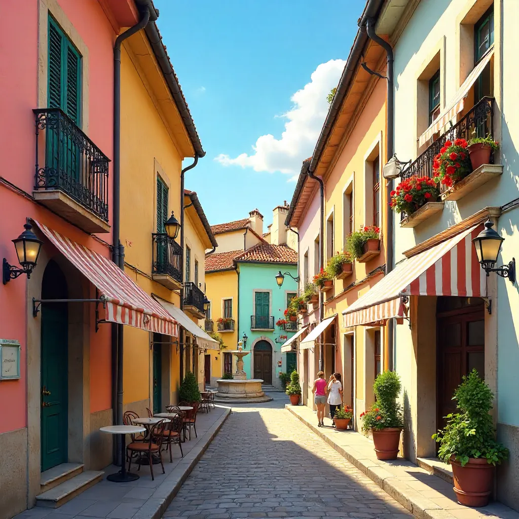 Colorful European Street Scene Under a Bright Sky