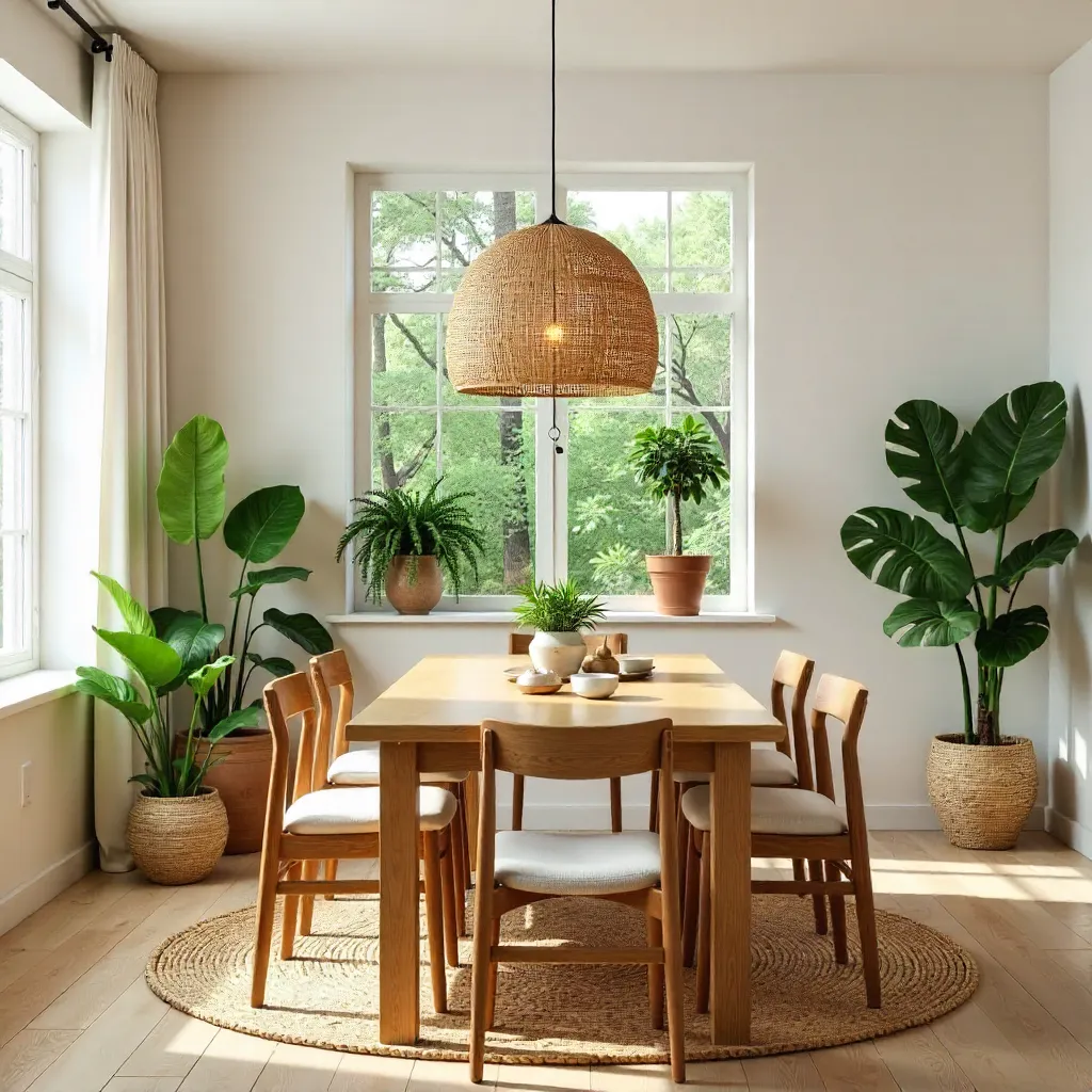 Inviting Dining Room with Wooden Table and Lush Plants