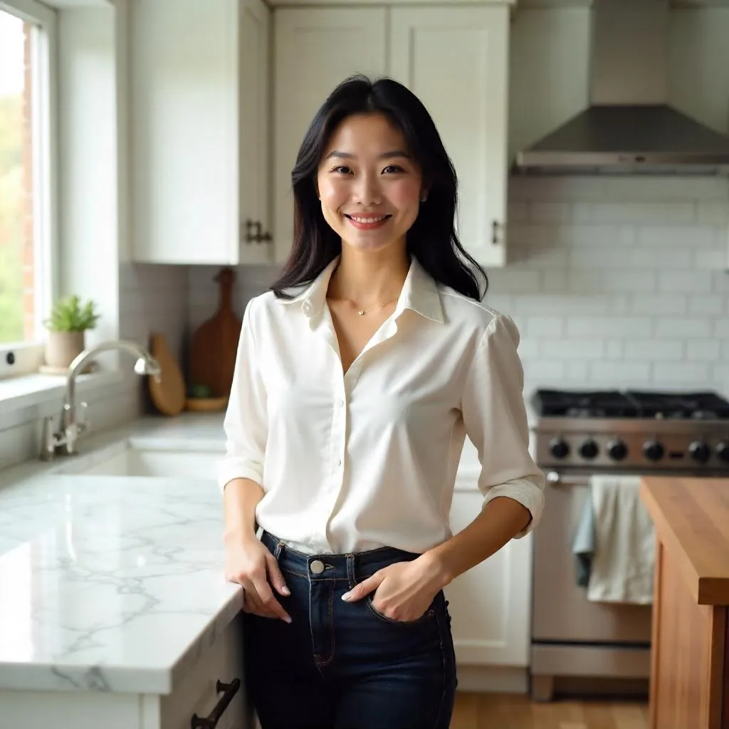 Confident Asian Woman in a Modern Kitchen