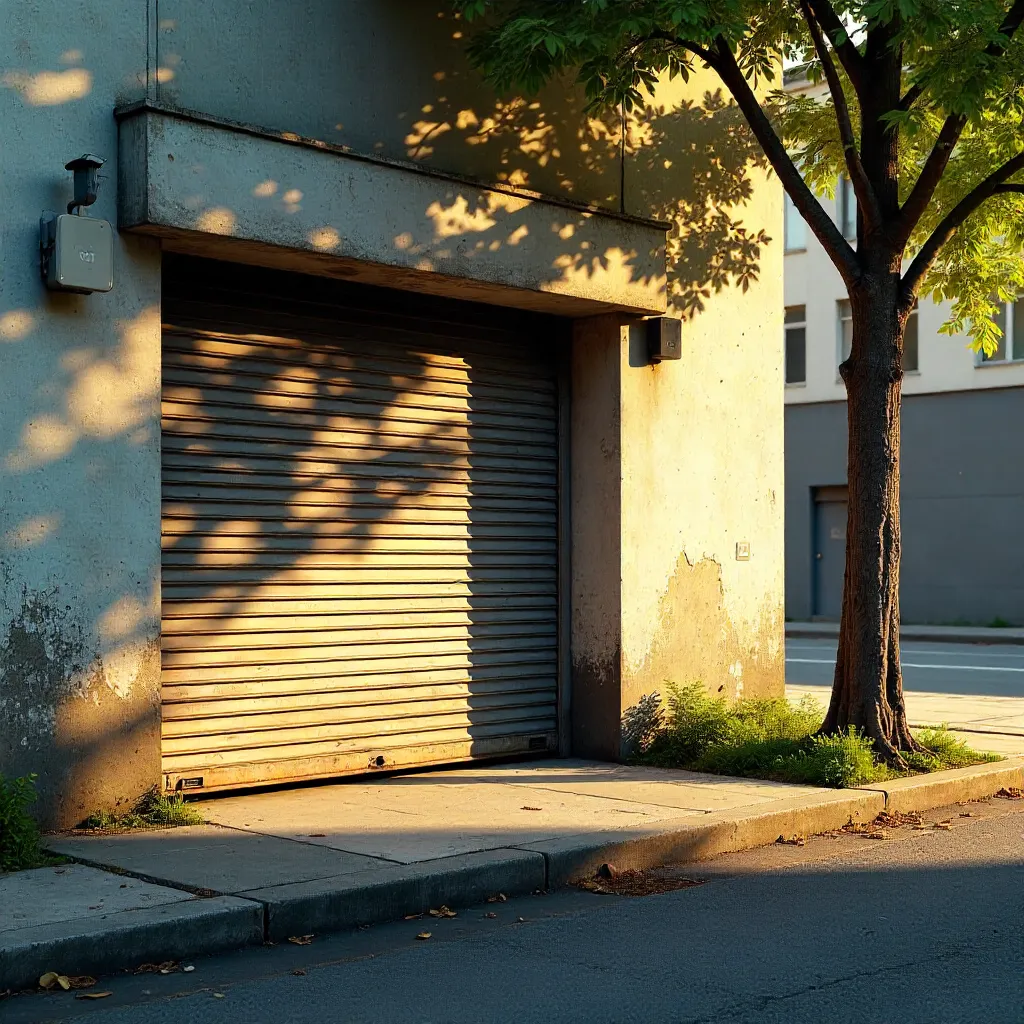 Sunlit Tree Shadows on a City Garage Door