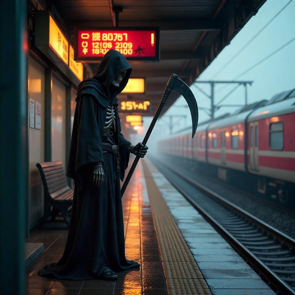Grim Reaper at Neon Train Station - 3D Render