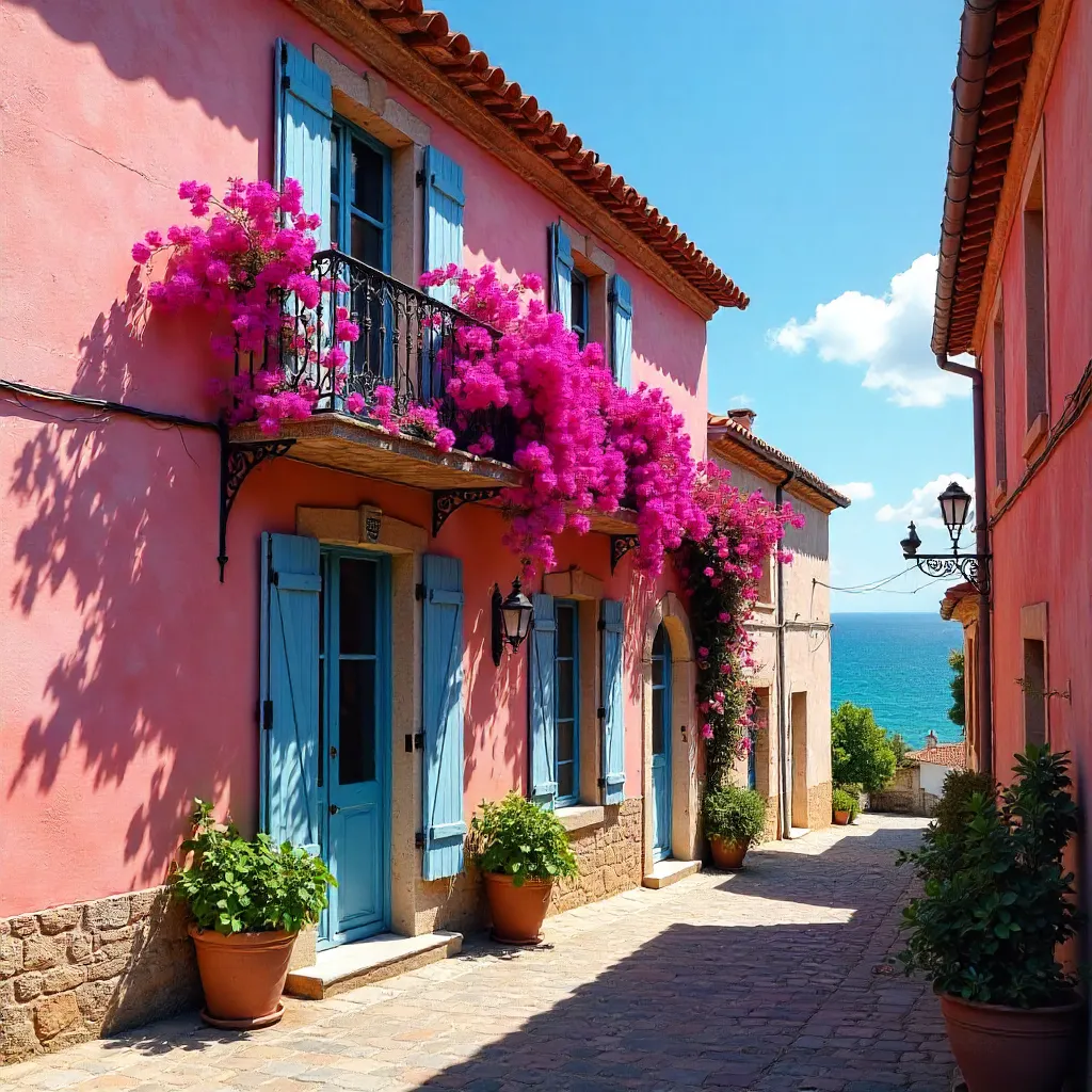 Pastel Pink Facade with Bougainvillea in Bormes-les-Mimosas