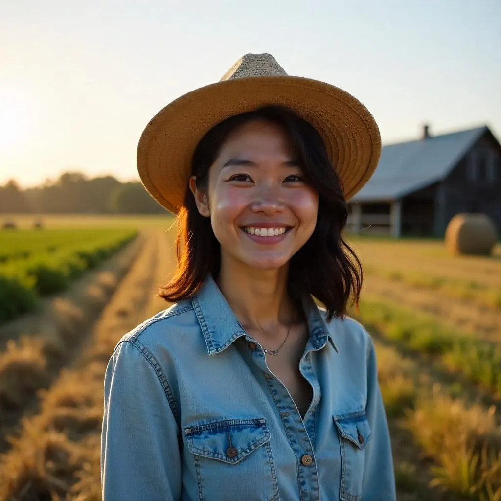 Cheerful Asian Woman on a Sunlit Farm