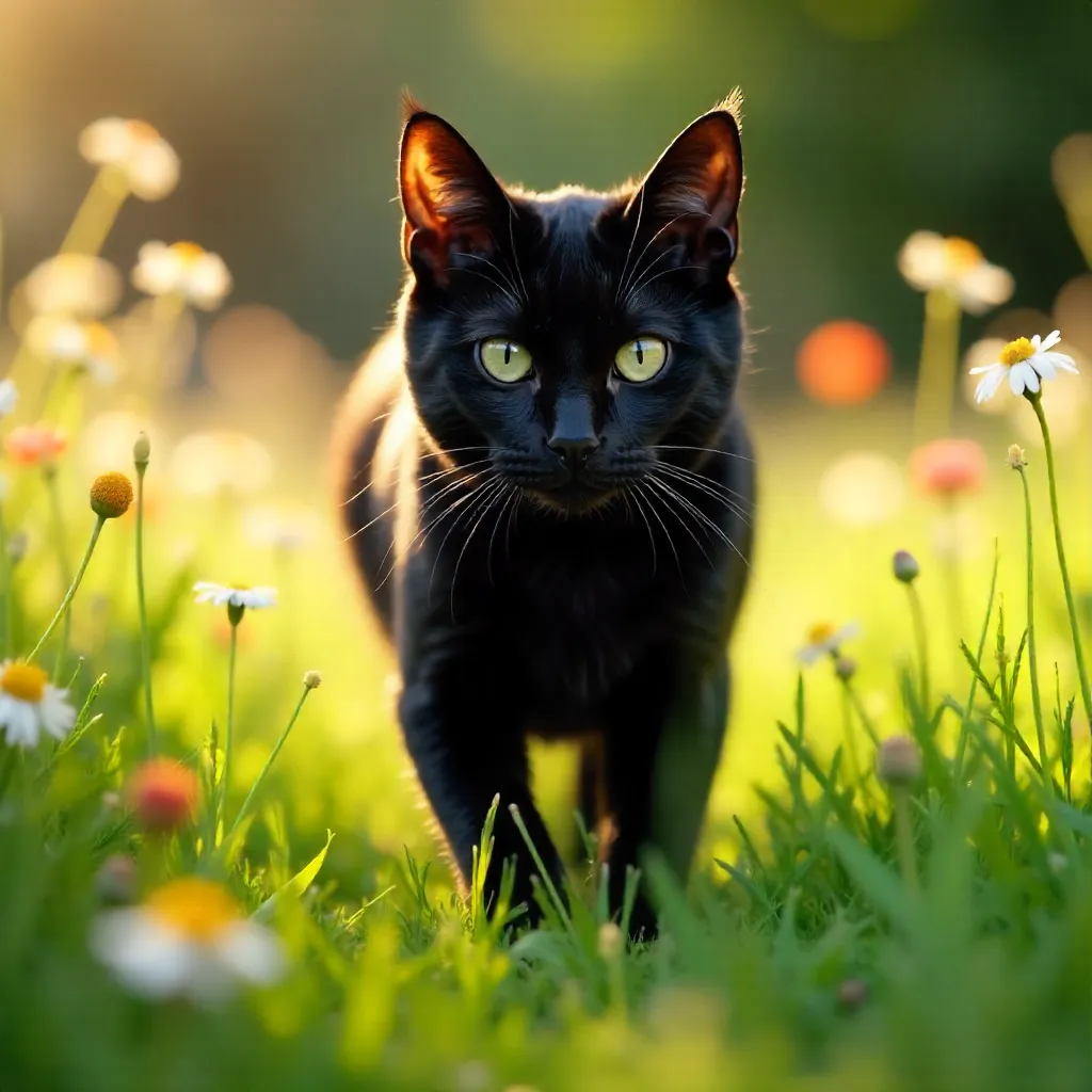 Elegance in Motion: Black Cat Through Wildflower Field