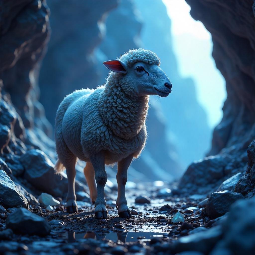 3D Rendered Sheep in a Crystal Cave