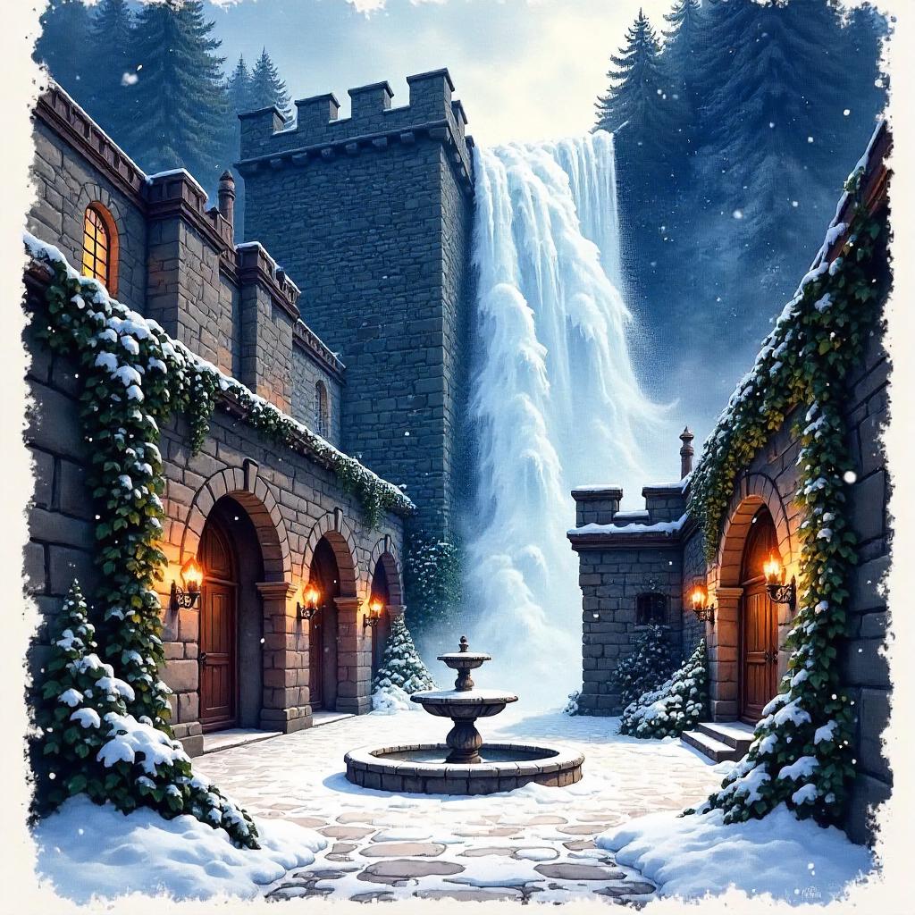 Watercolor Avalanche in a Castle Courtyard