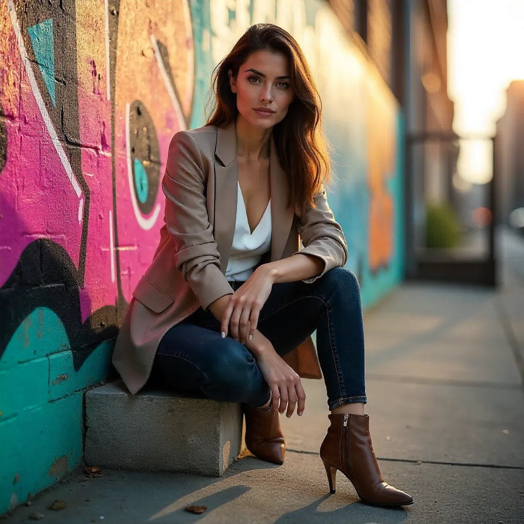 Confident Woman on Graffiti-Backed Urban Steps