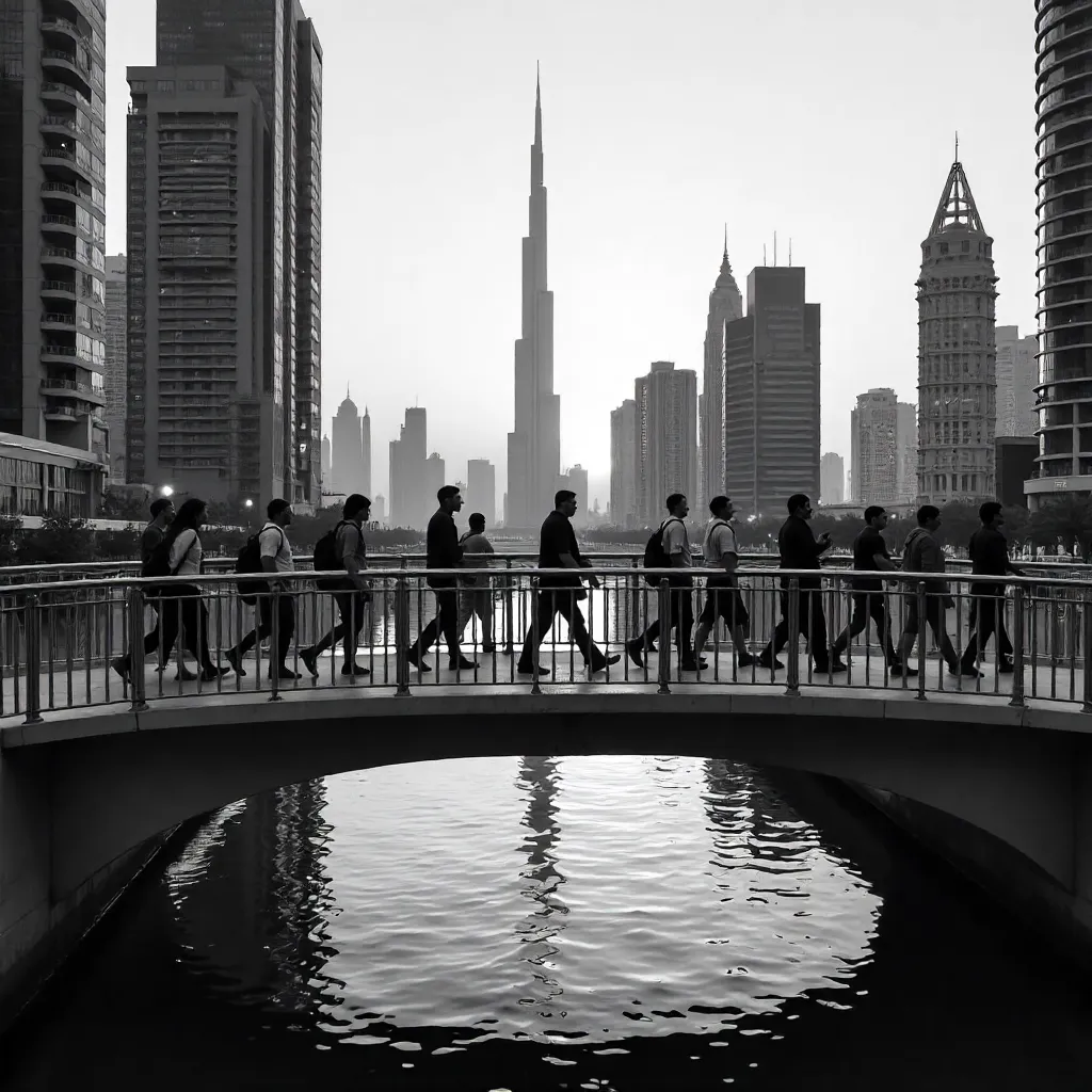Monochrome Footbridge Over Dubai Downtown Skyline