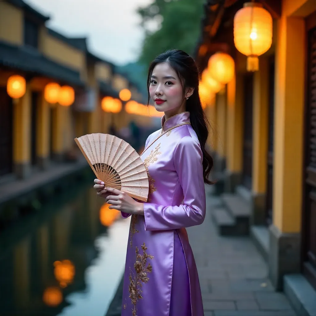 Ao Dai and Folding Fan in Hoi An Lanterns