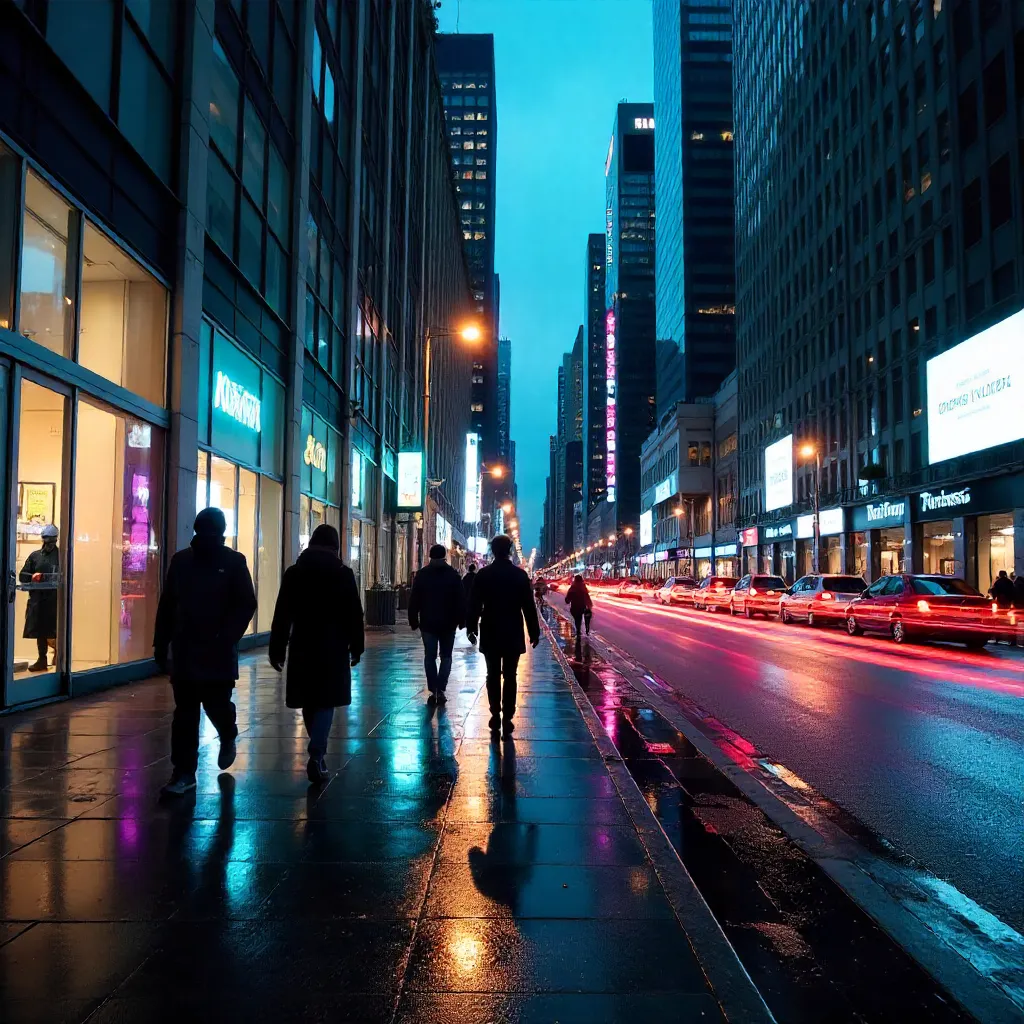 Blurred Pedestrian Motion in a Neon Cityscape