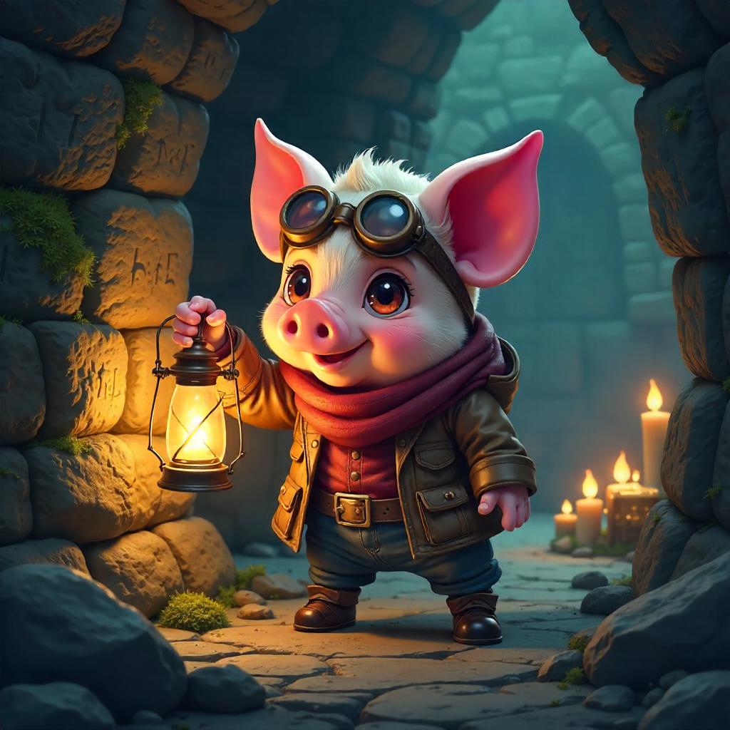 Anime Pig Adventurer in a Candlelit Crypt