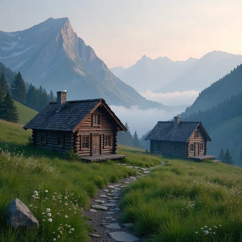 Two Rustic Cabins in a Misty Mountain Meadow