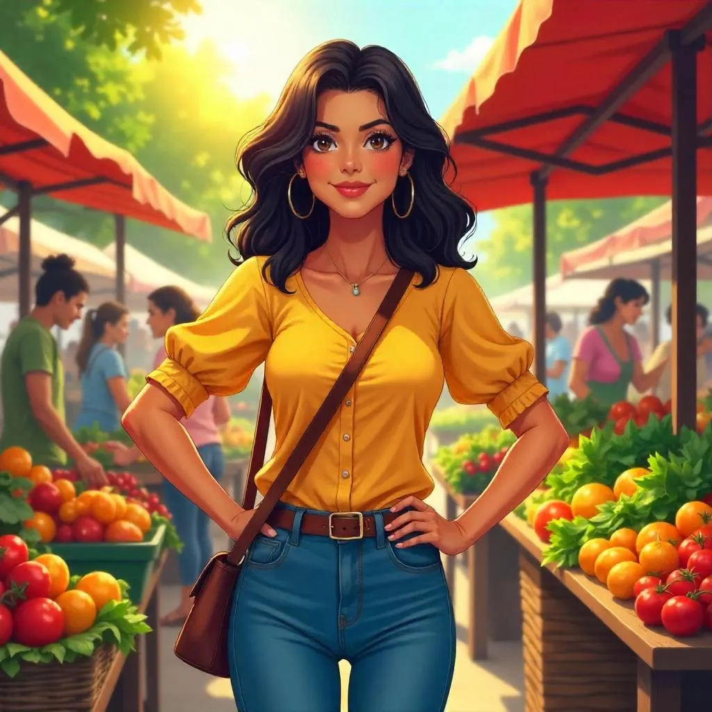 Confident Latina at the Market, Anime Style