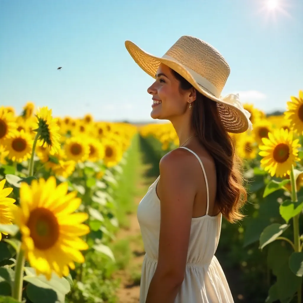 Sunhat in a Sunflower Field on a Clear Day