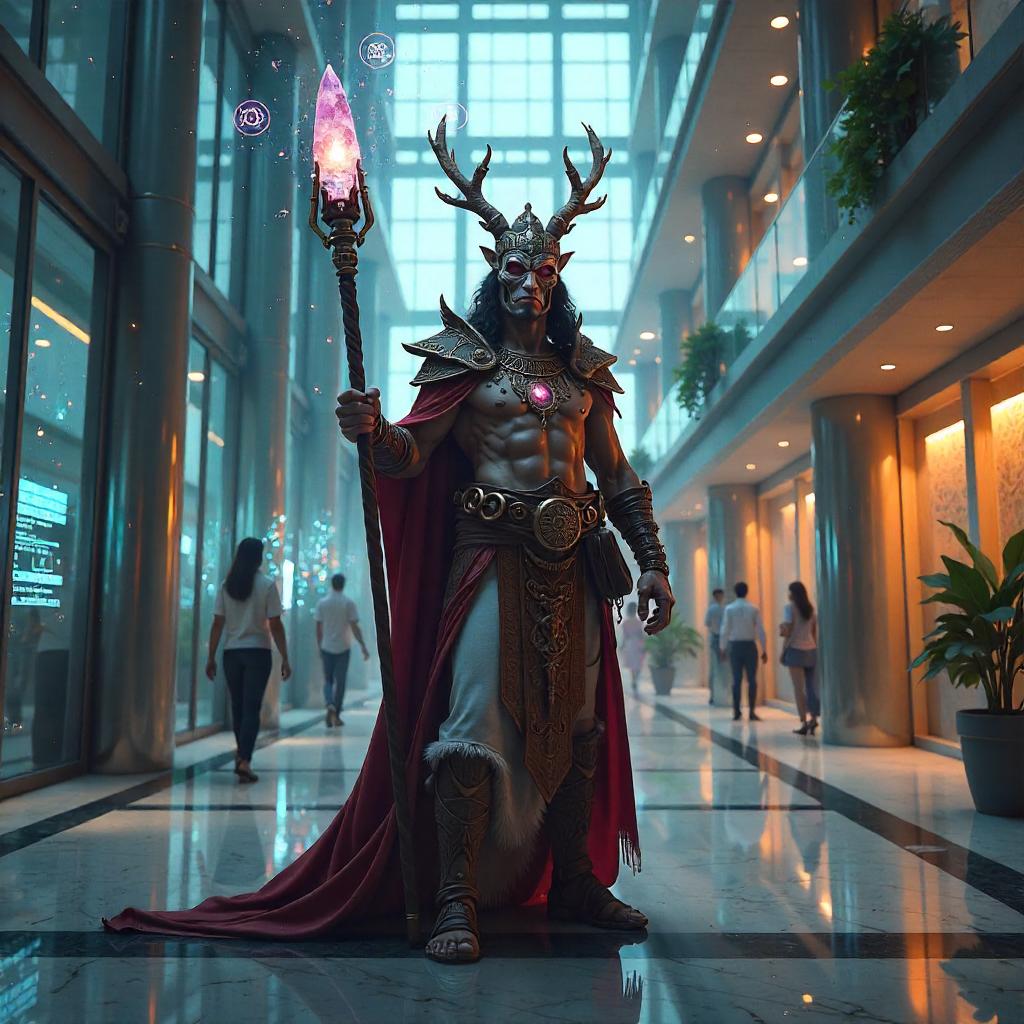 Shaman in a Neon Office Building - Digital Art