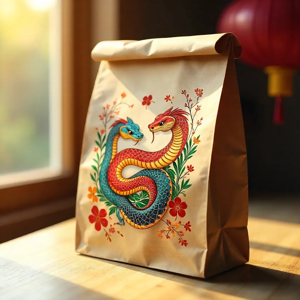 Kraft Paper Bag with Colorful Snake Year Illustration in Sunlight