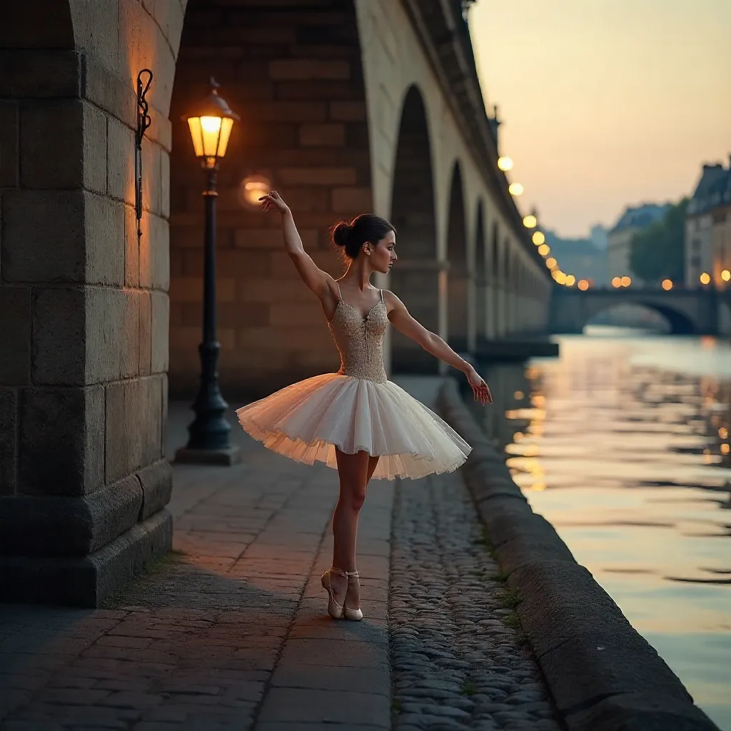 Graceful Ballerina Under a Paris Bridge at Dusk