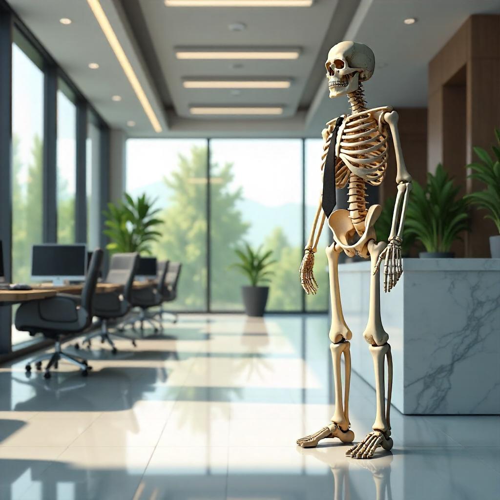Skeletal Presence in a Modern Office Lobby