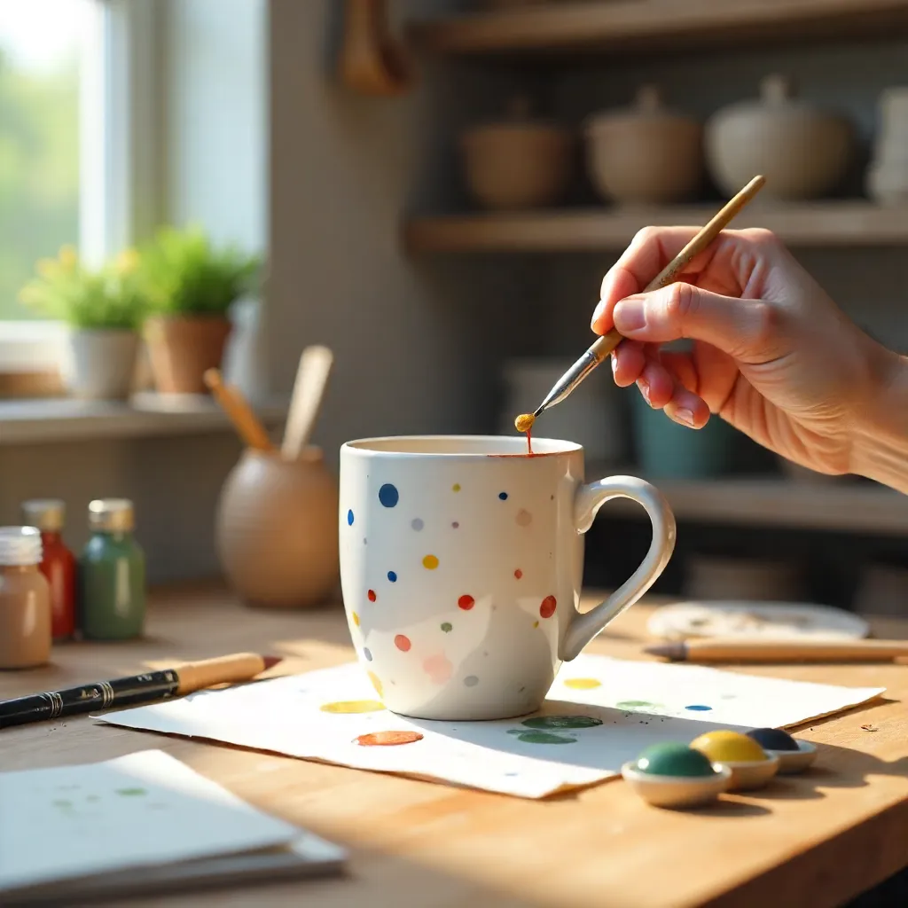 Dot-Patterned Ceramic Mug in a Sunlit Art Studio