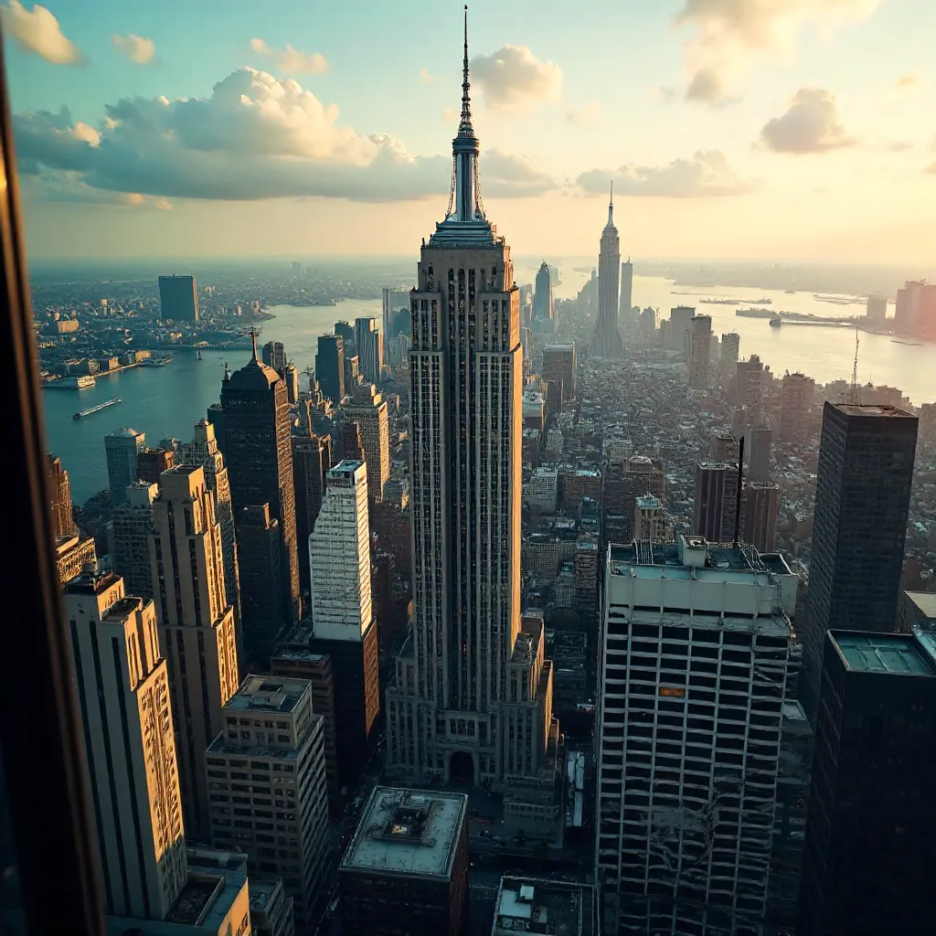 Reflective Glass Aerial View of Empire State and NYC Skyline