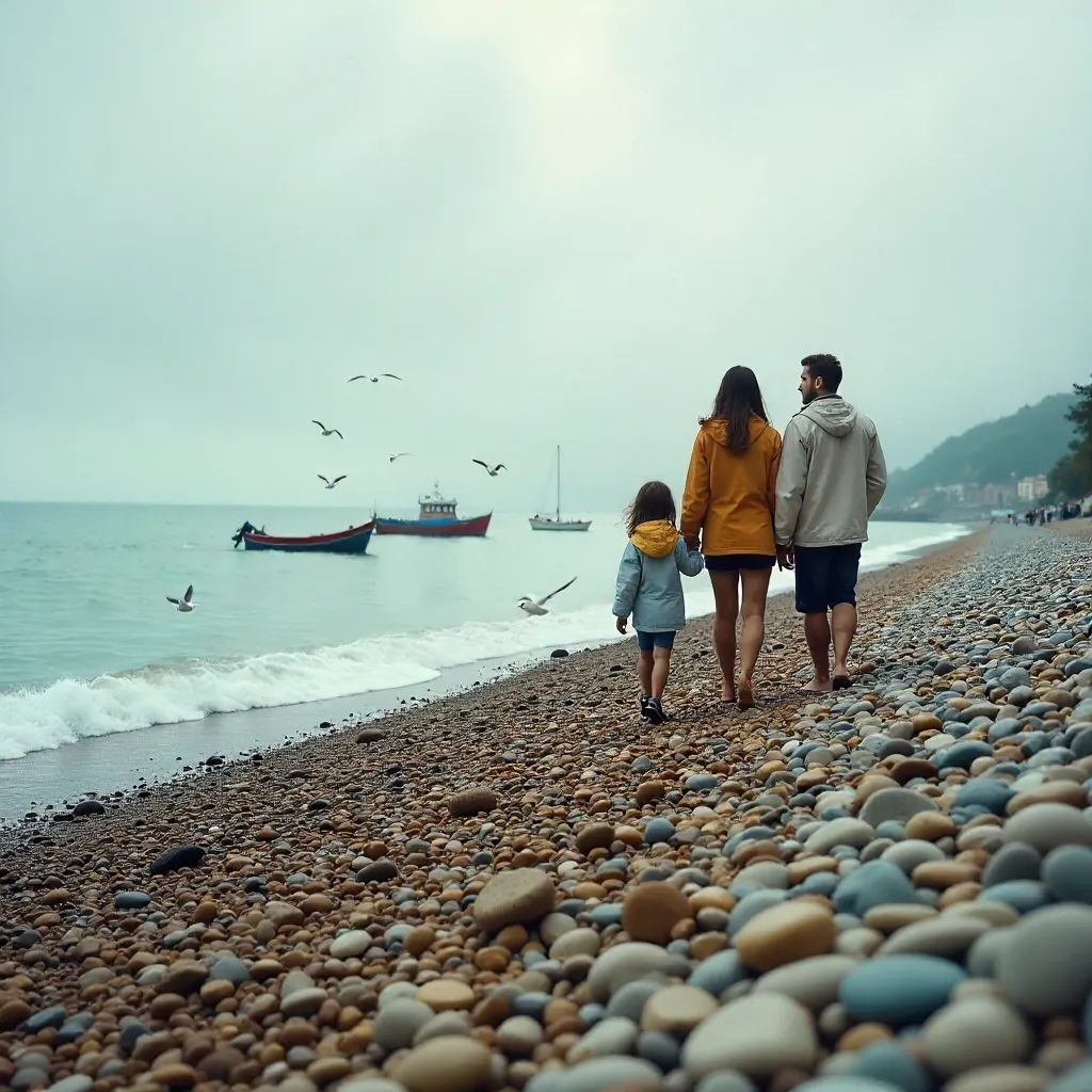 Family on a Pebbled Beach Under Cloudy Skies