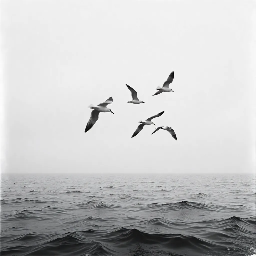 Monochrome Majestic Seagulls Over a Calm Ocean