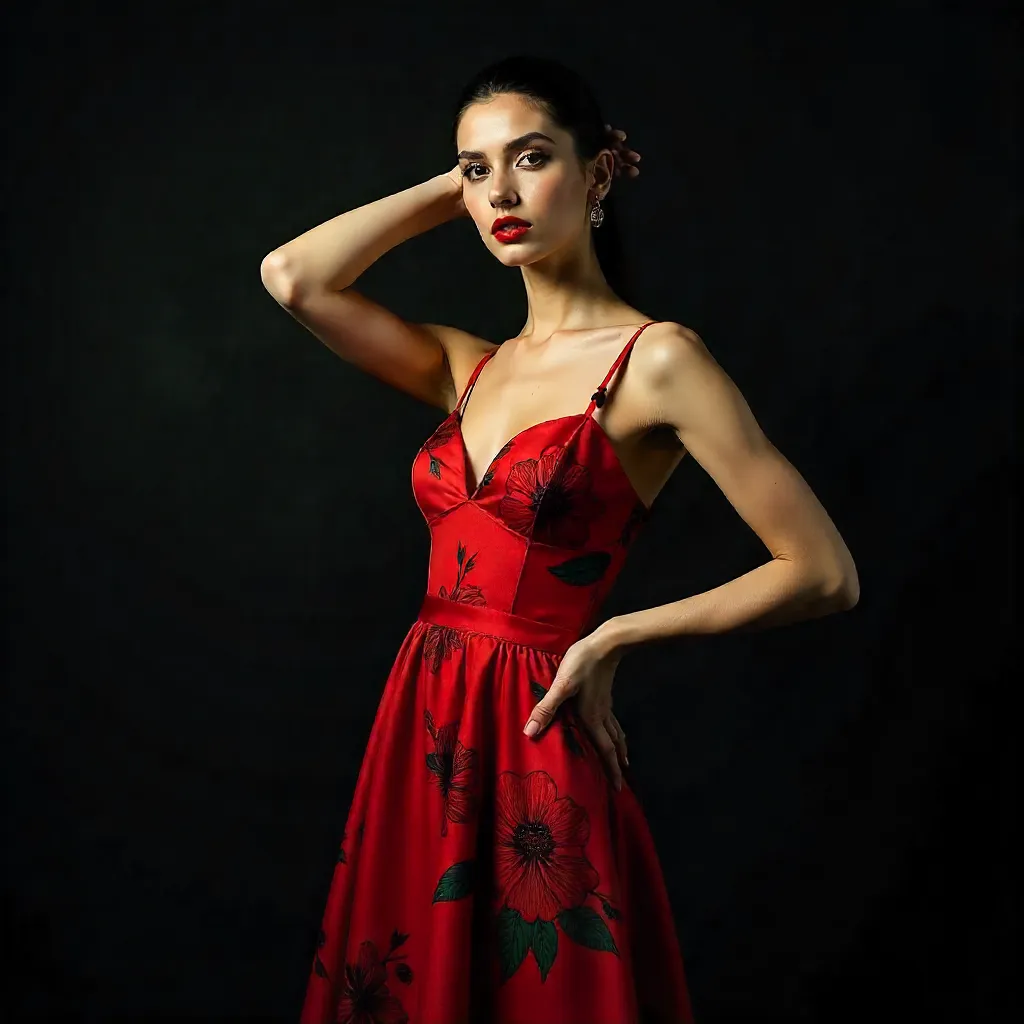 Noir Elegance: Red Floral Dress Portrait