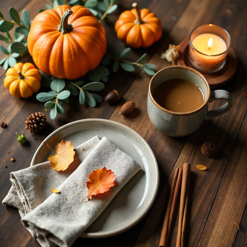 Cozy Autumn Table Decor Flat Lay for Stock Photo