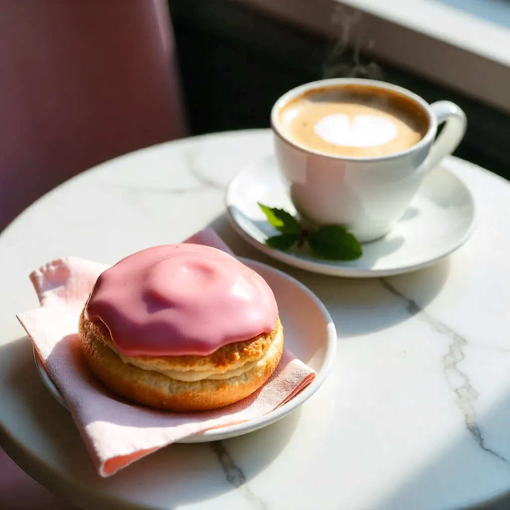 Delicate Pink Pastry and Frothy Latte on Marble Table