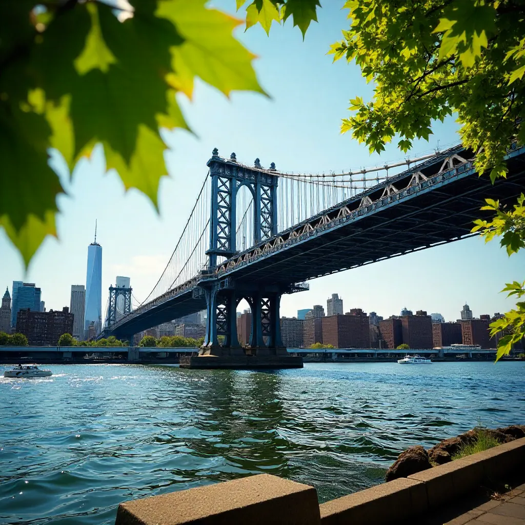 Sunlit Manhattan Bridge with leaf-framed view