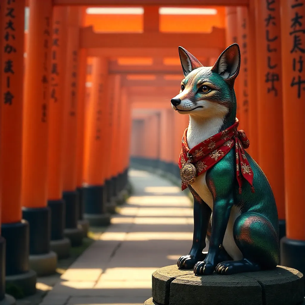 Colorful Kitsune Among Fushimi Inari Torii Gates
