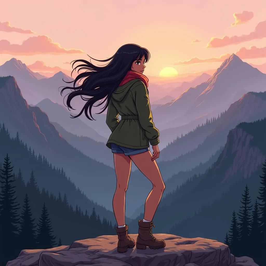 Latina Woman in Mountain Dawn - Anime Style