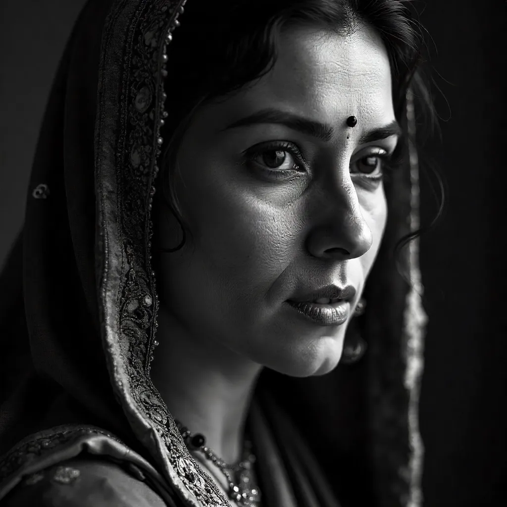 Expressive Black-and-White Portrait in a Sari
