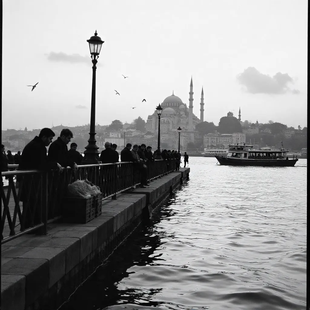 Monochrome Galata Bridge: Mosque and Fishermen