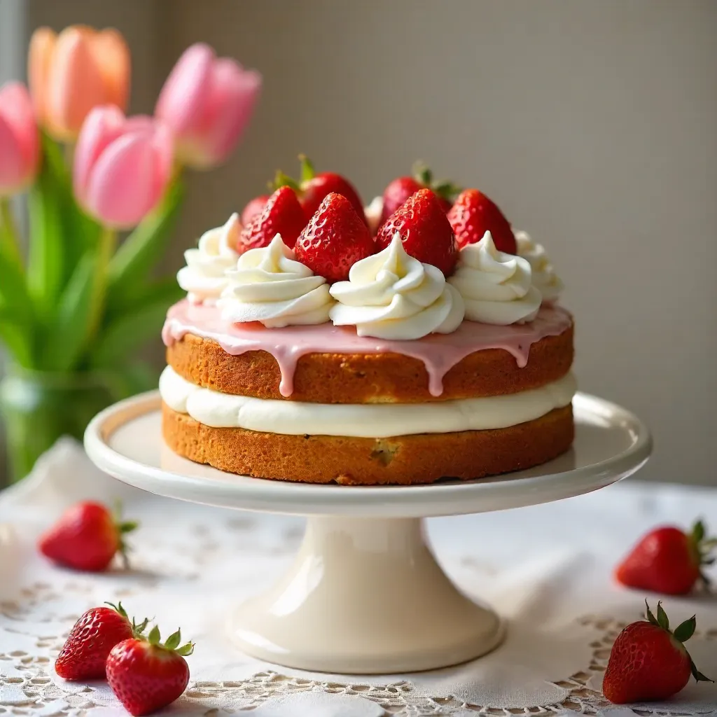 Elegant Strawberry Cake with Cream and Tulips on Lace Table