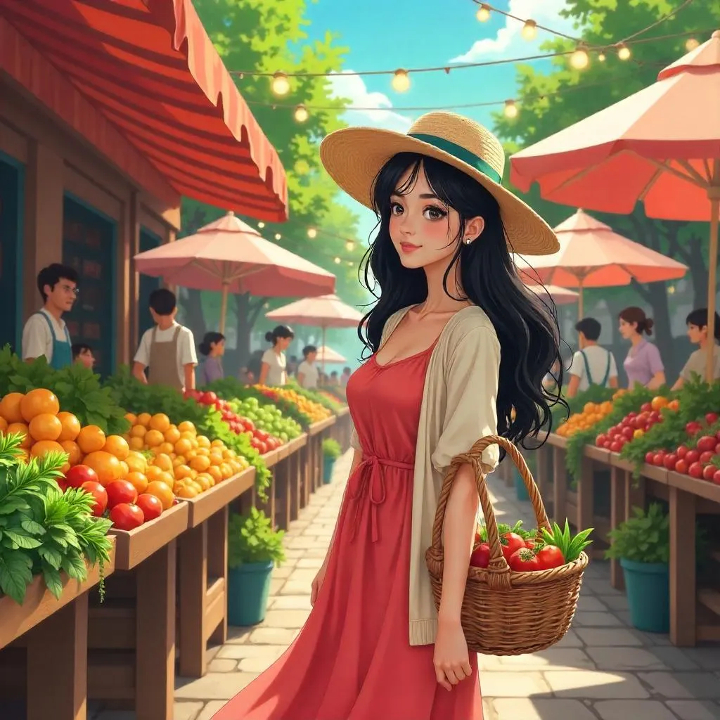 Elegant Latina Woman at a Lively Farmers Market