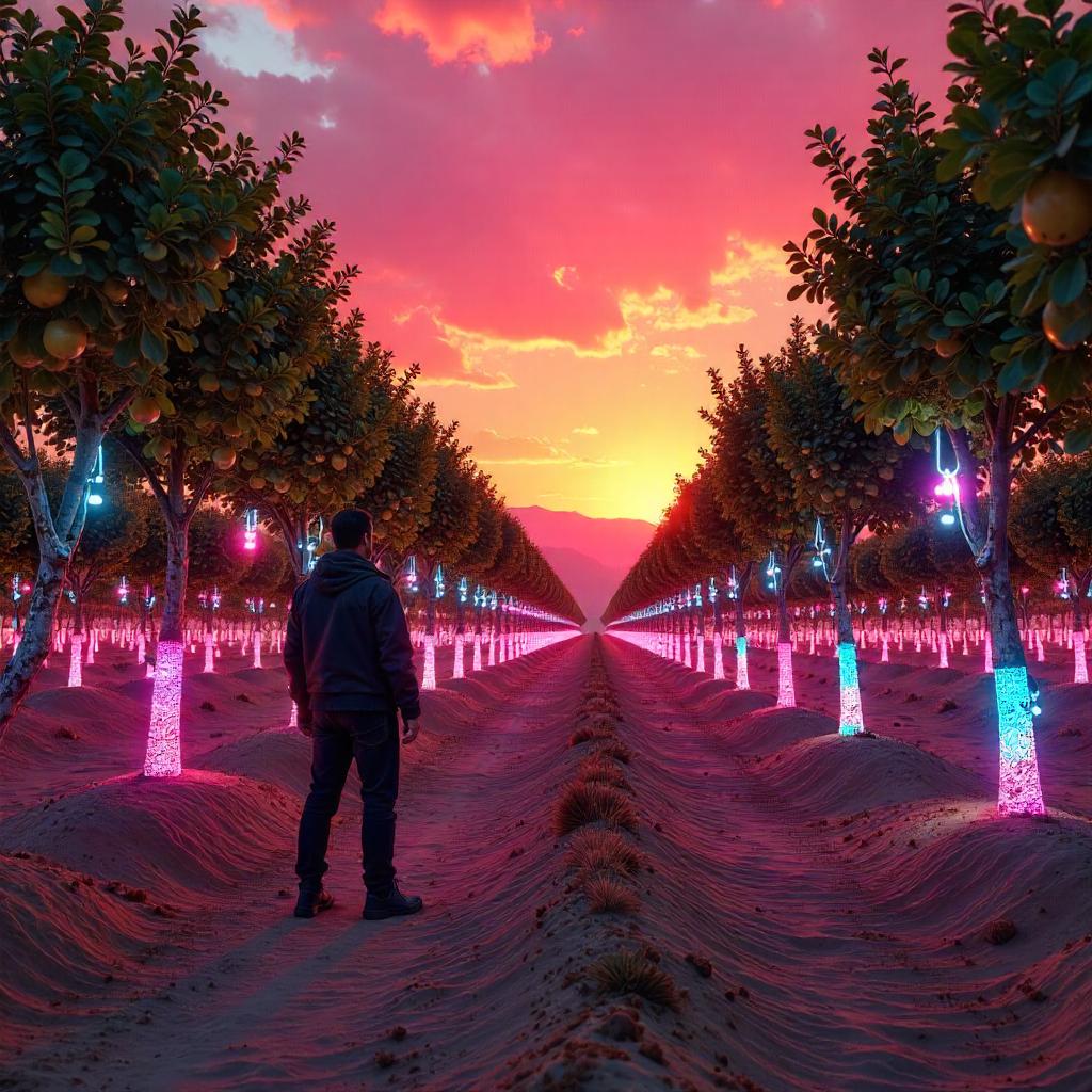 Neon Cyberpunk Orchard in the Desert