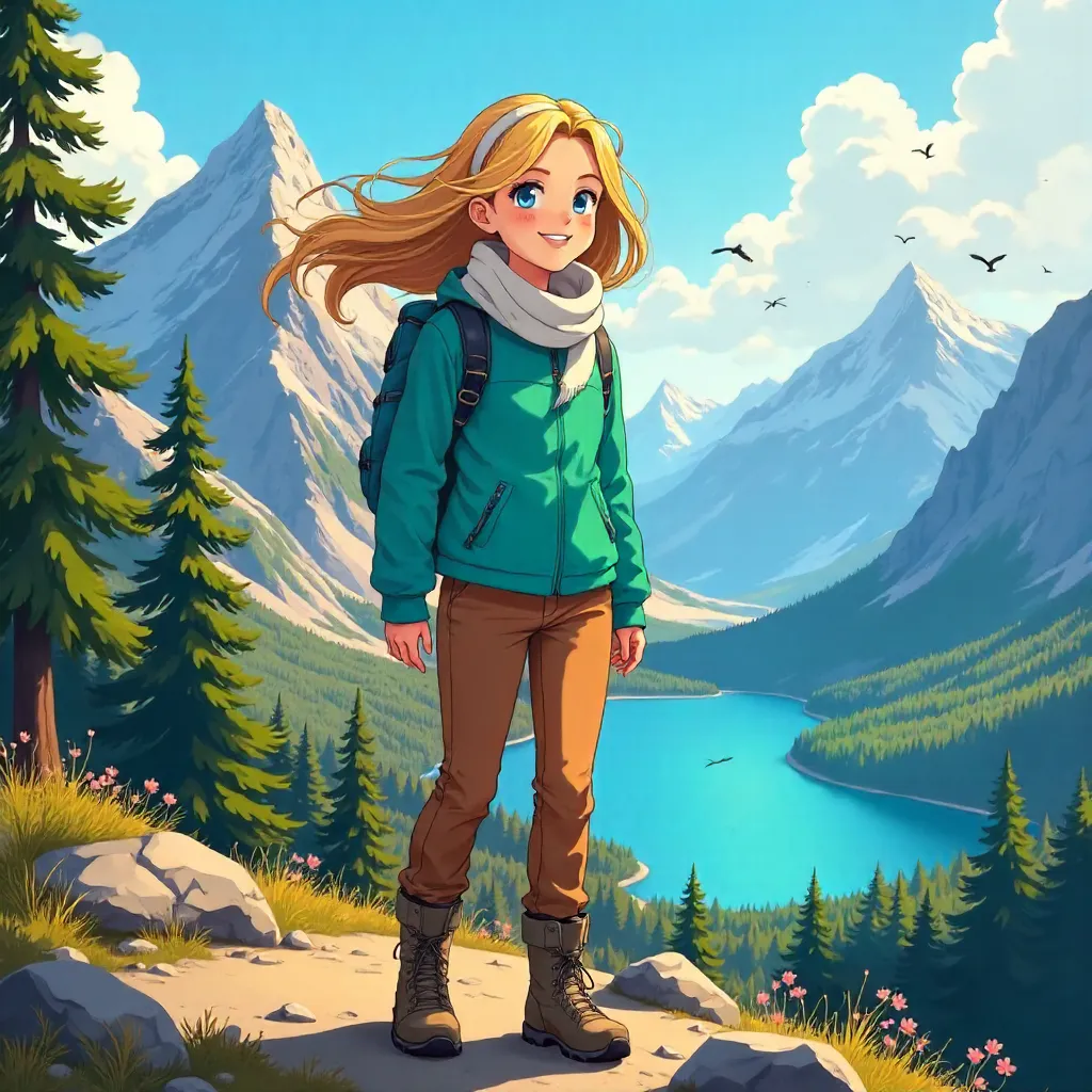 Cheerful Caucasian Woman in Mountain Anime Scene