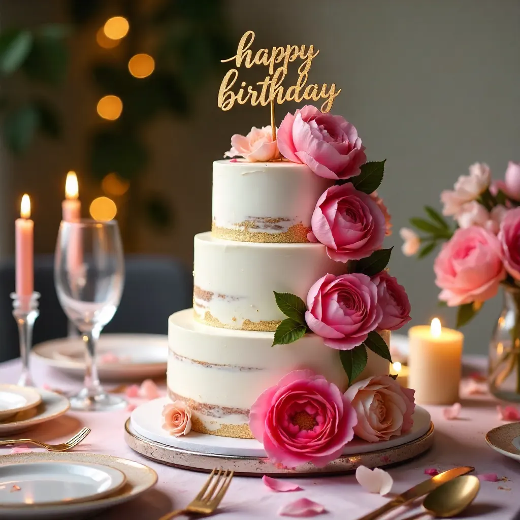 Pink Floral Birthday Cake on Festive Table