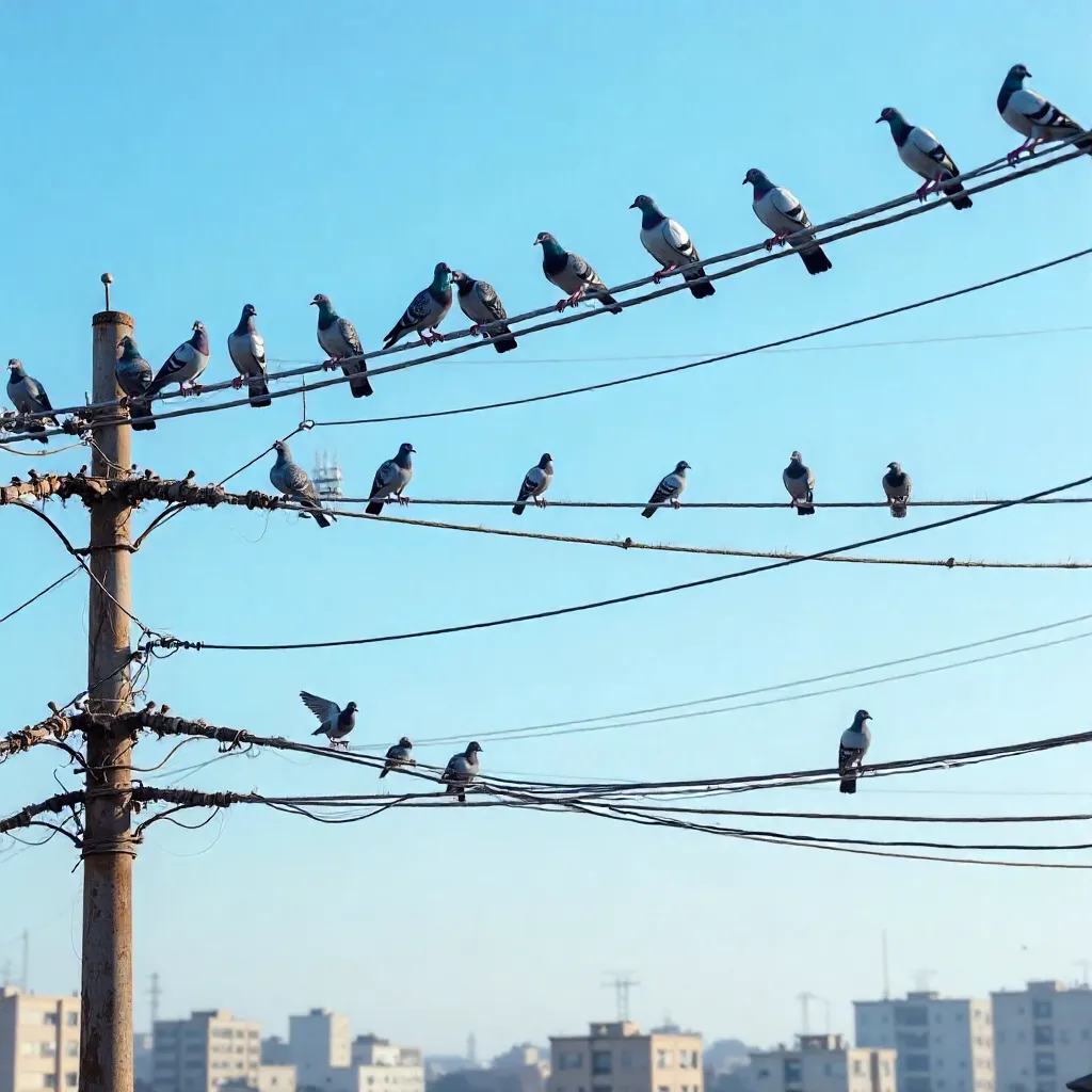 Pigeons on Power Lines: Urban Sky Portrait