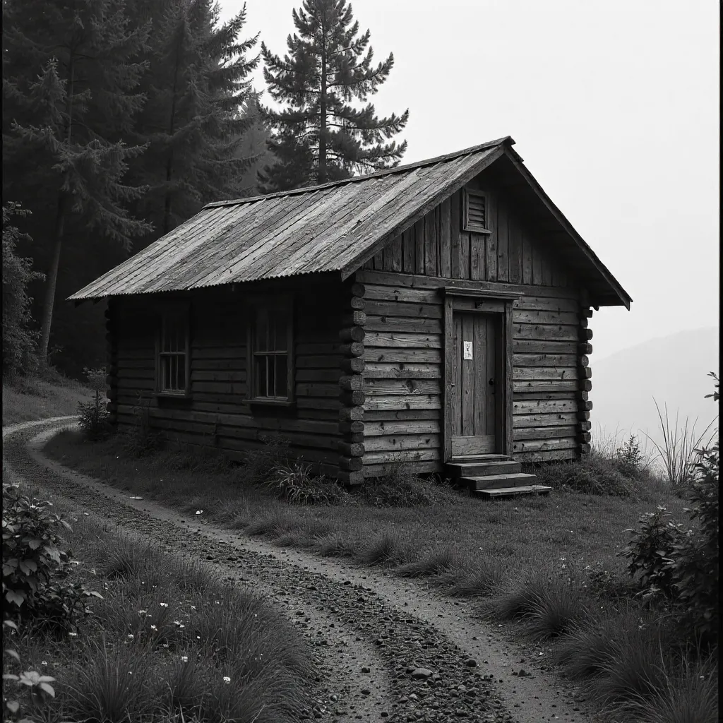 Monochrome Rustic Hut Amid a Dense Forest