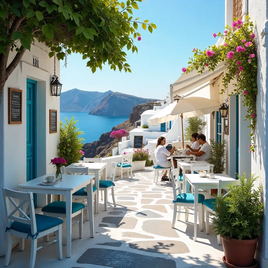 Quaint Fira Café: White Furniture and Greenery