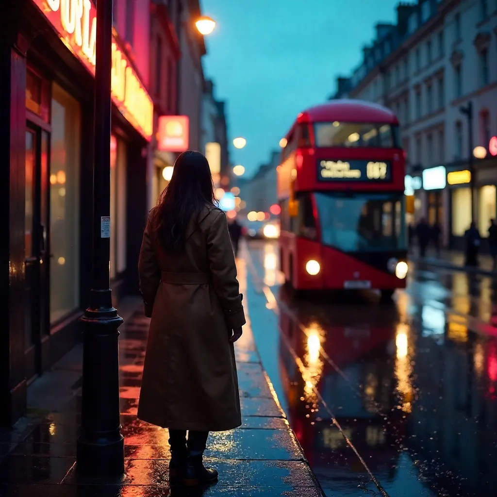 Rainy London Moment: Woman in Coat by Colorful Sign