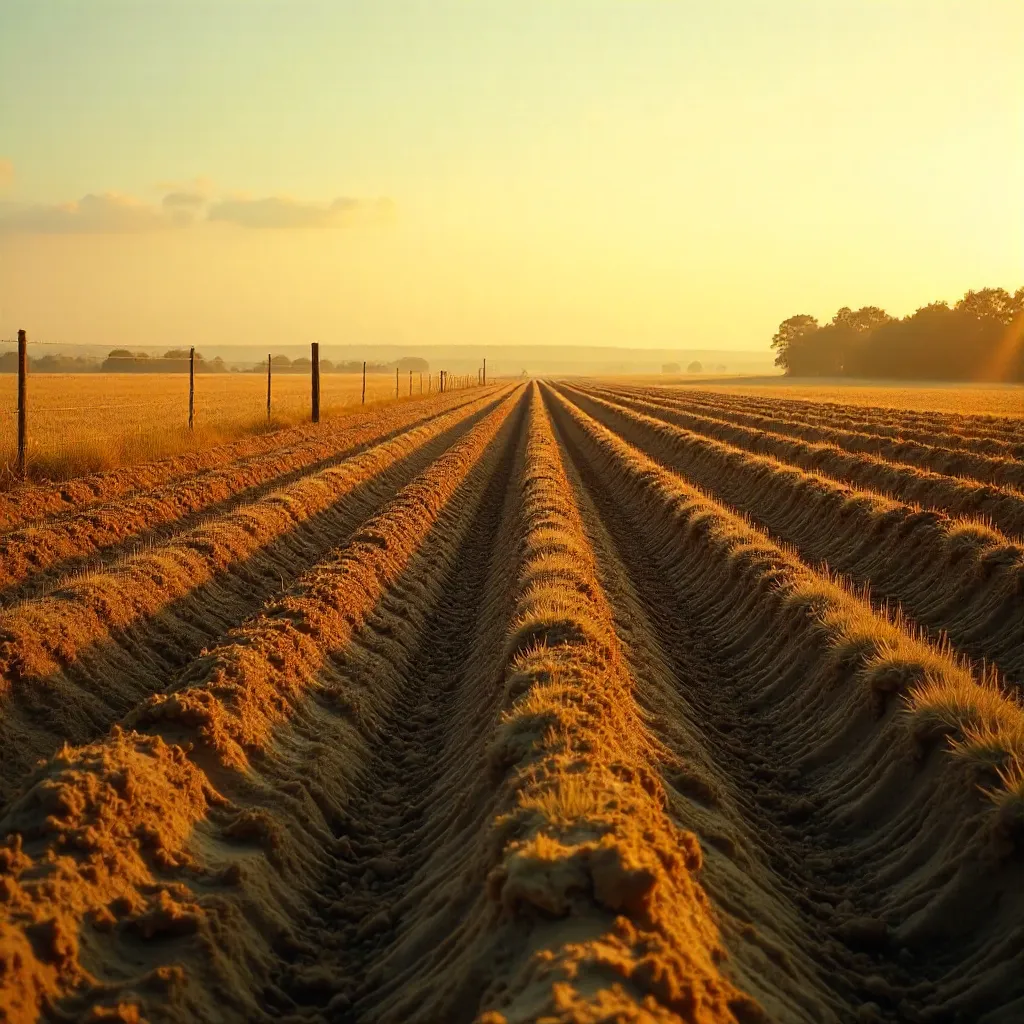 Golden Field of Plowed Soil Under Soft Sky