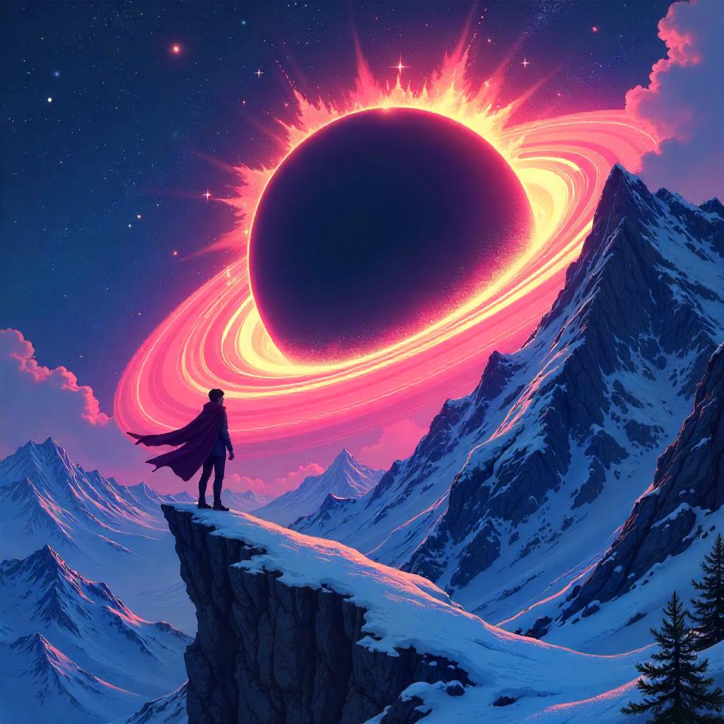 Anime Black Hole Over a Snowy Mountain Peak