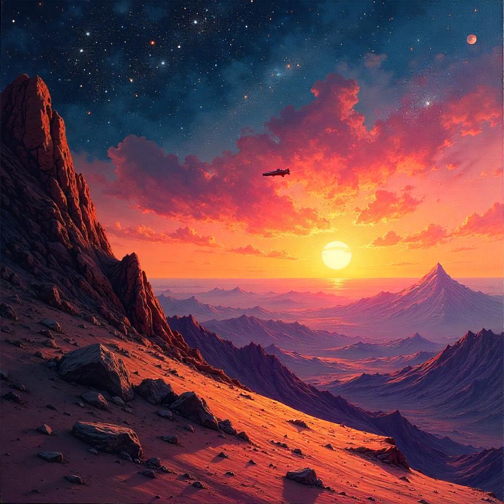 Cosmic Sunset in Oil Painting on an Alien World