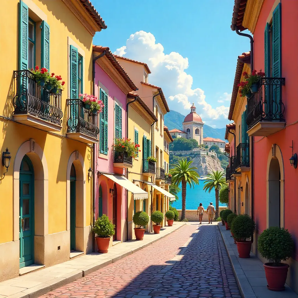 Sunlit Menton Street with Saint-Michel Basilica