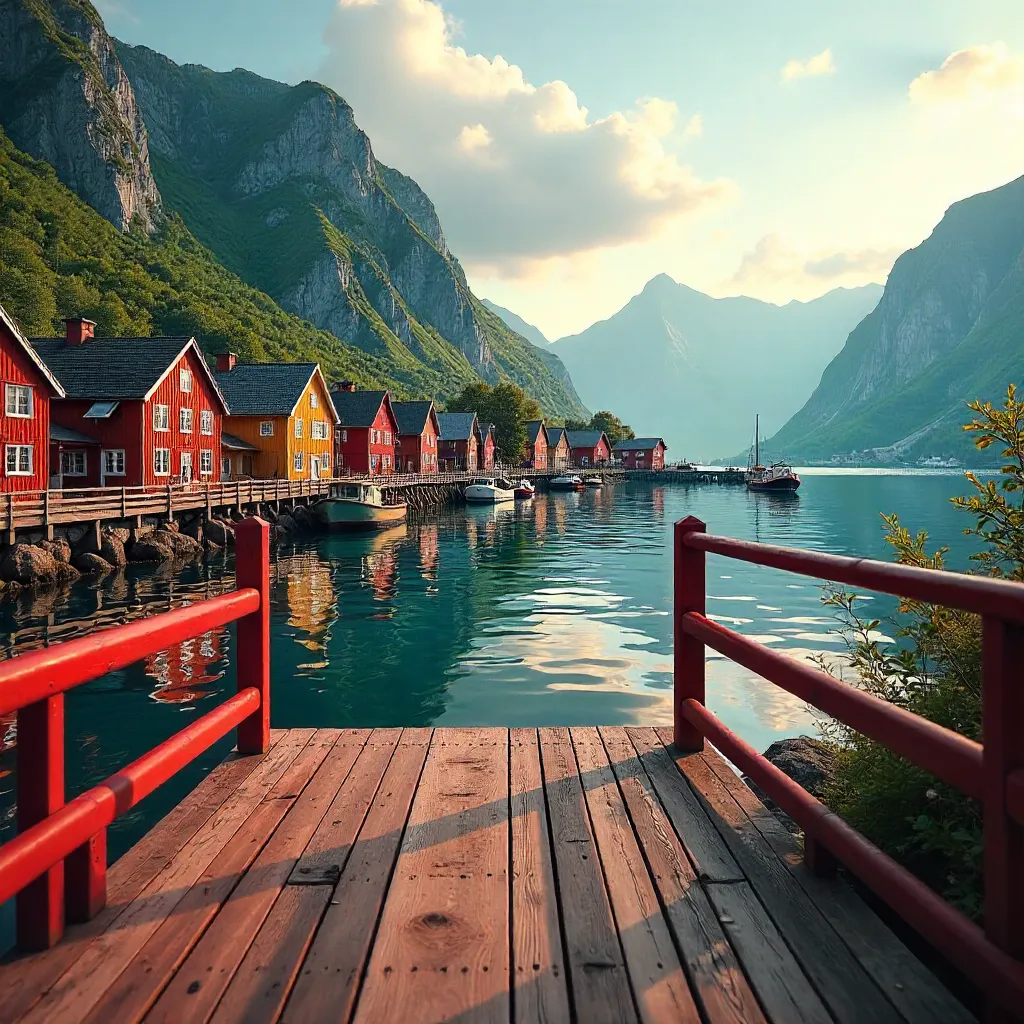 Red-Railed Bergen Harbor with Mountain Backdrop